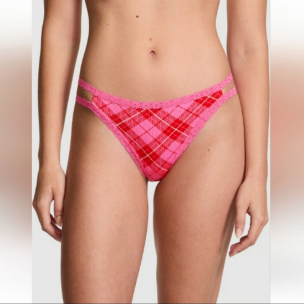 PINK WINK VS Lace Trim Strappy Thong Panty Pink & Red Plaid Print NWT NIP
